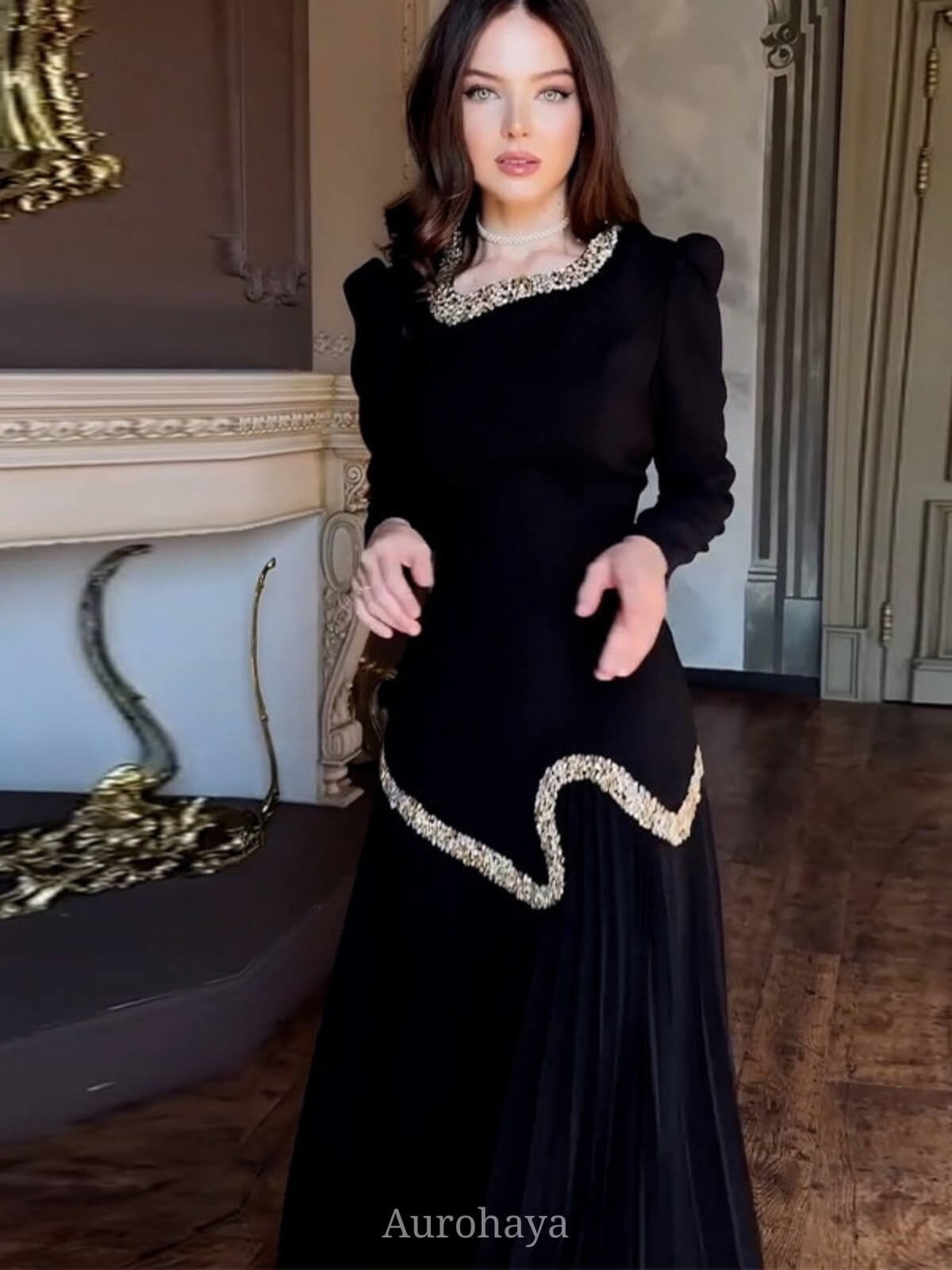 Diamond Trimmed Long Sleeve Maxi Dress, DES038
