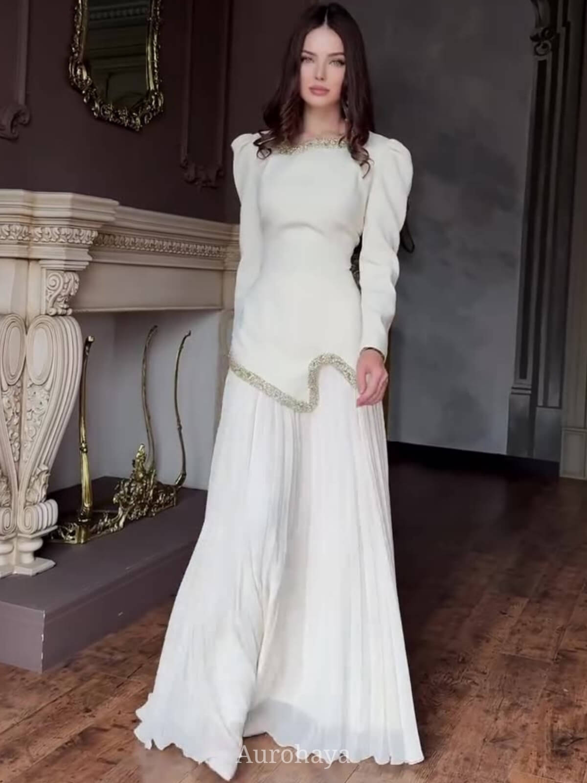 Diamond Trimmed Long Sleeve Maxi Dress, DES038