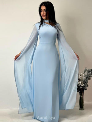 Aurohaya Lace-Up Long Sleeve Mock Neck Maxi Dress Light Blue