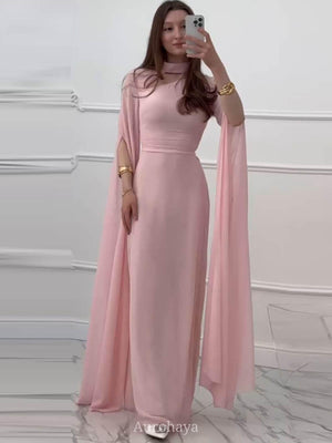 Aurohaya Lace-Up Long Sleeve Mock Neck Maxi Dress Pink