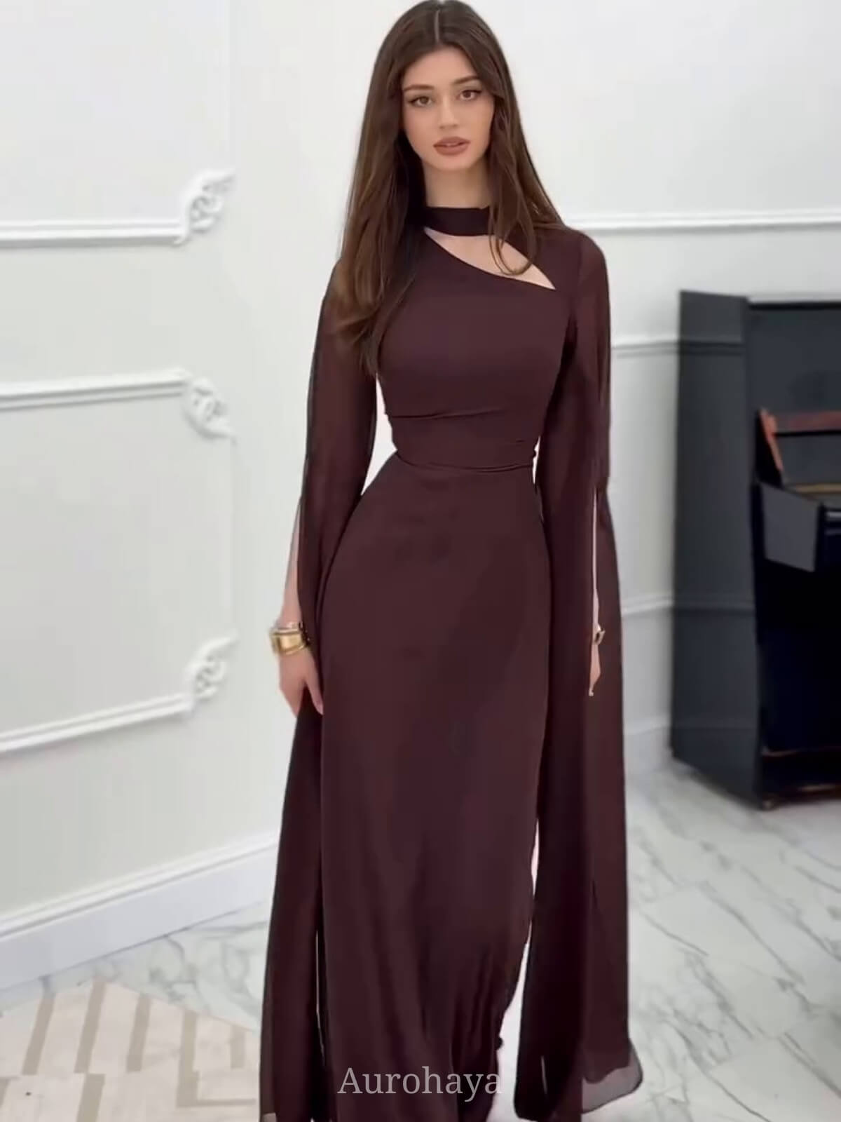 Lace-Up Long Sleeve Mock Neck Maxi Dress