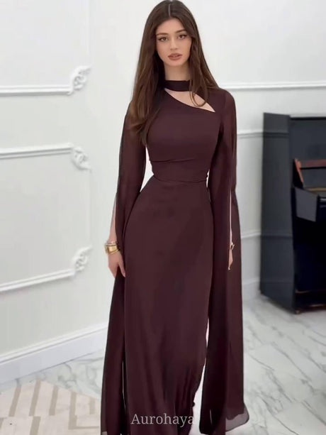 Aurohaya Lace-Up Long Sleeve Mock Neck Maxi Dress Brown