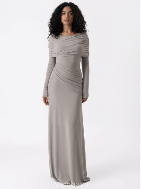 Aurohaya Patchwork Round Neck Ruched Maxi Dress Gray