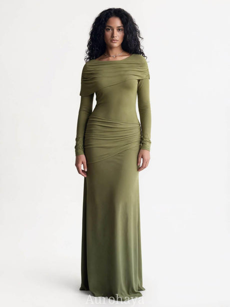 Aurohaya Patchwork Round Neck Ruched Maxi Dress Green