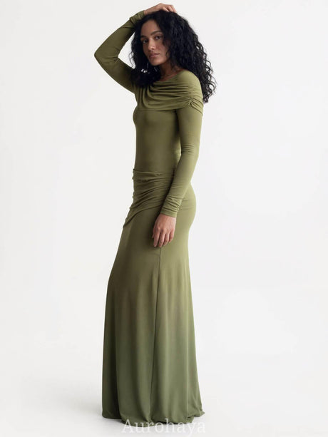 Aurohaya Patchwork Round Neck Ruched Maxi Dress