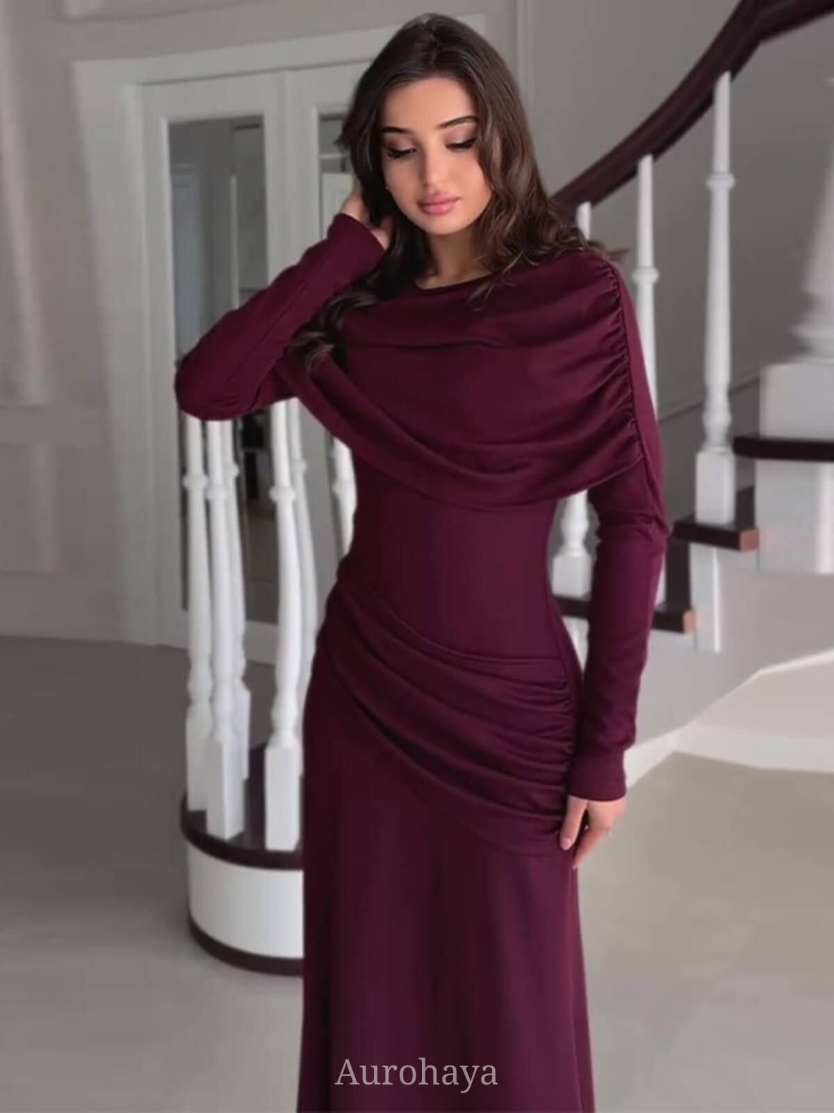 Patchwork Round Neck Ruched Maxi Dress
