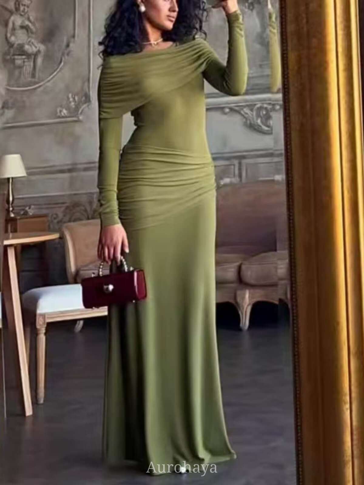 Patchwork Round Neck Ruched Maxi Dress