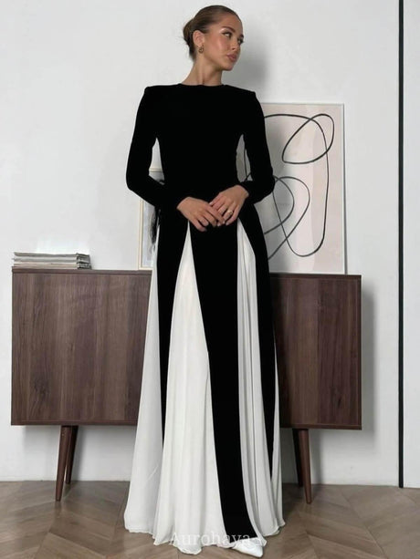 Aurohaya Colorblock Patchwork Round Neck Maxi Dress Black
