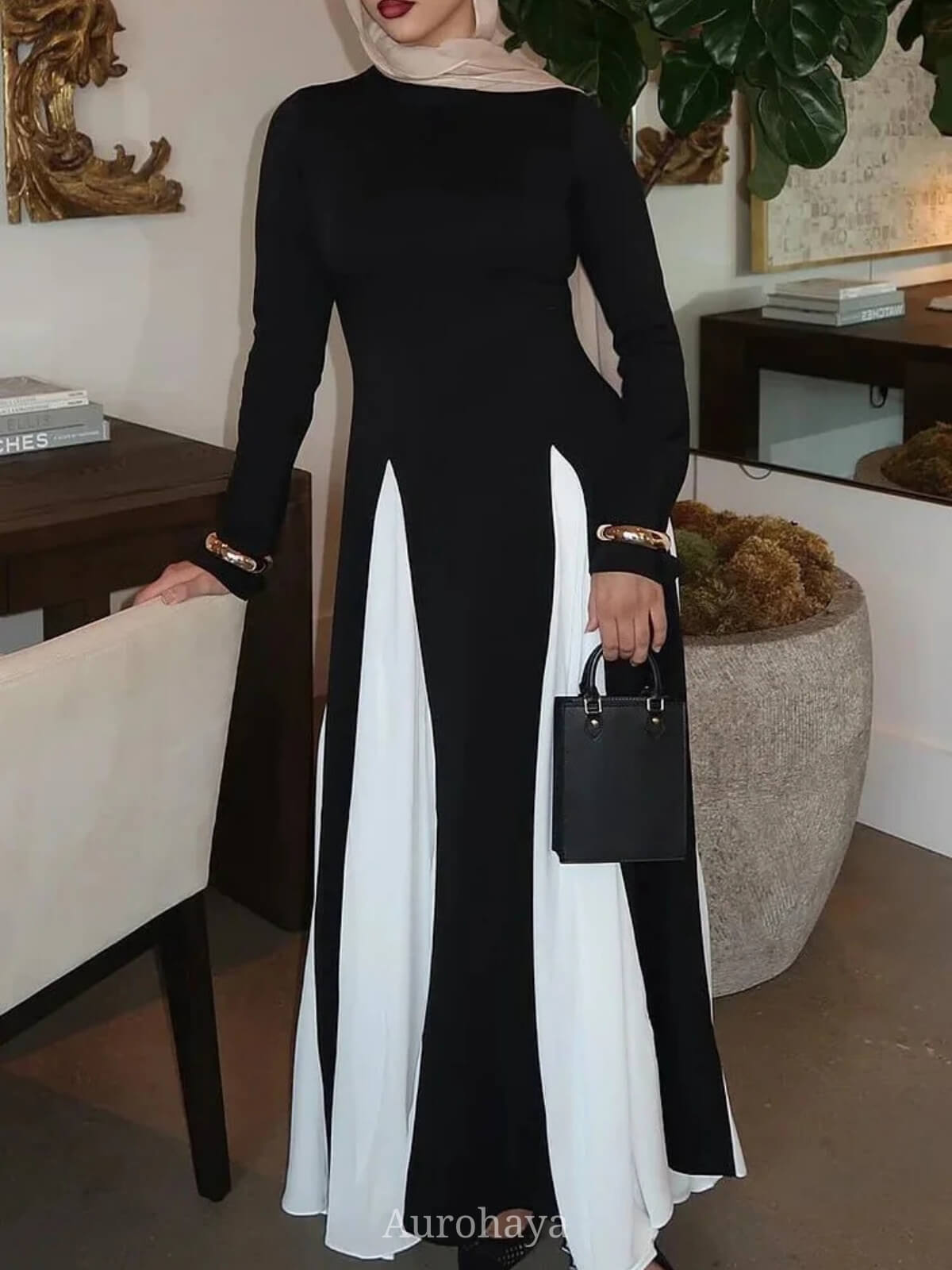Colorblock Patchwork Round Neck Maxi Dress