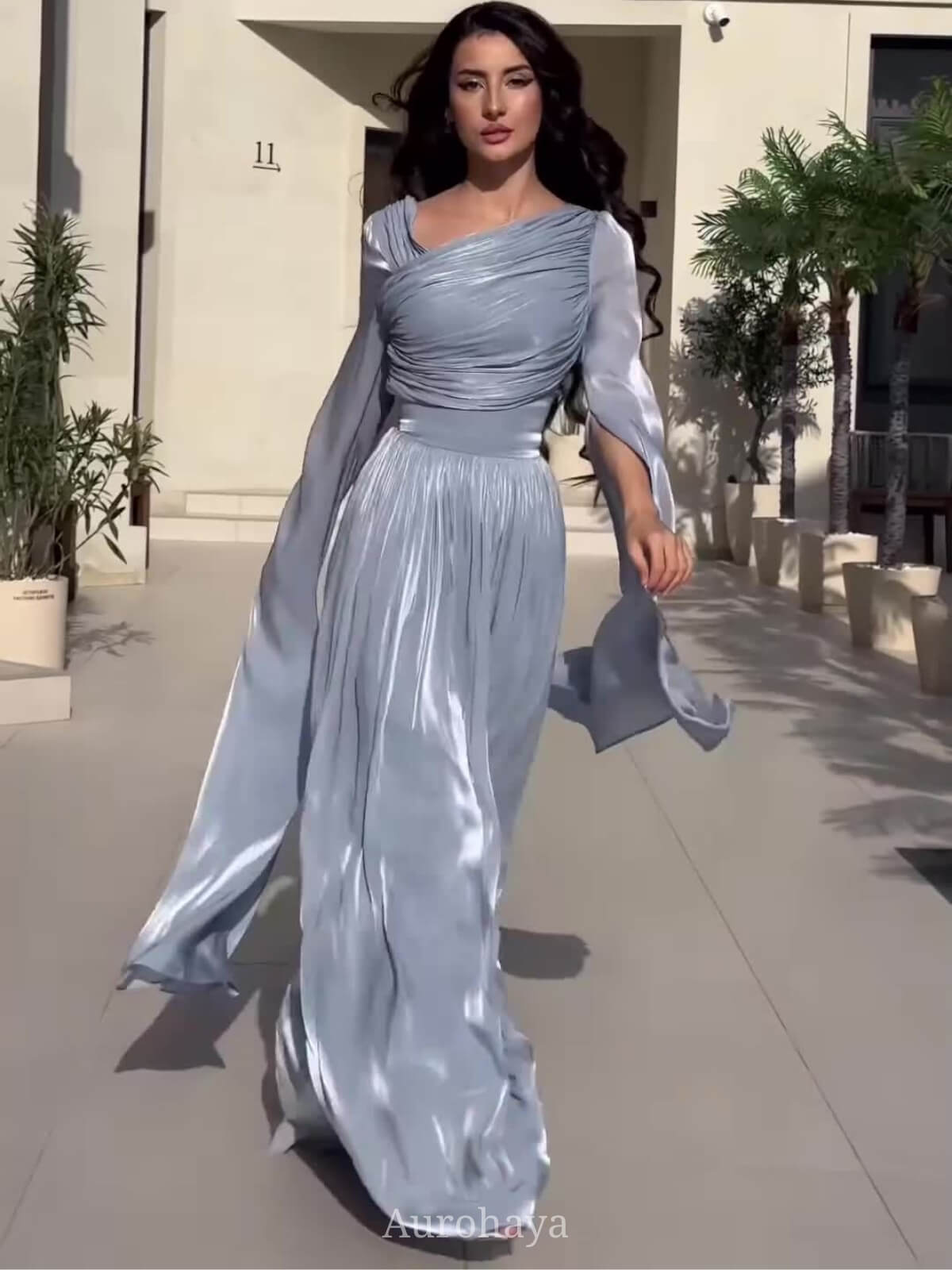 Ruched Irregular Neck Slit Long Sleeve Maxi Dress