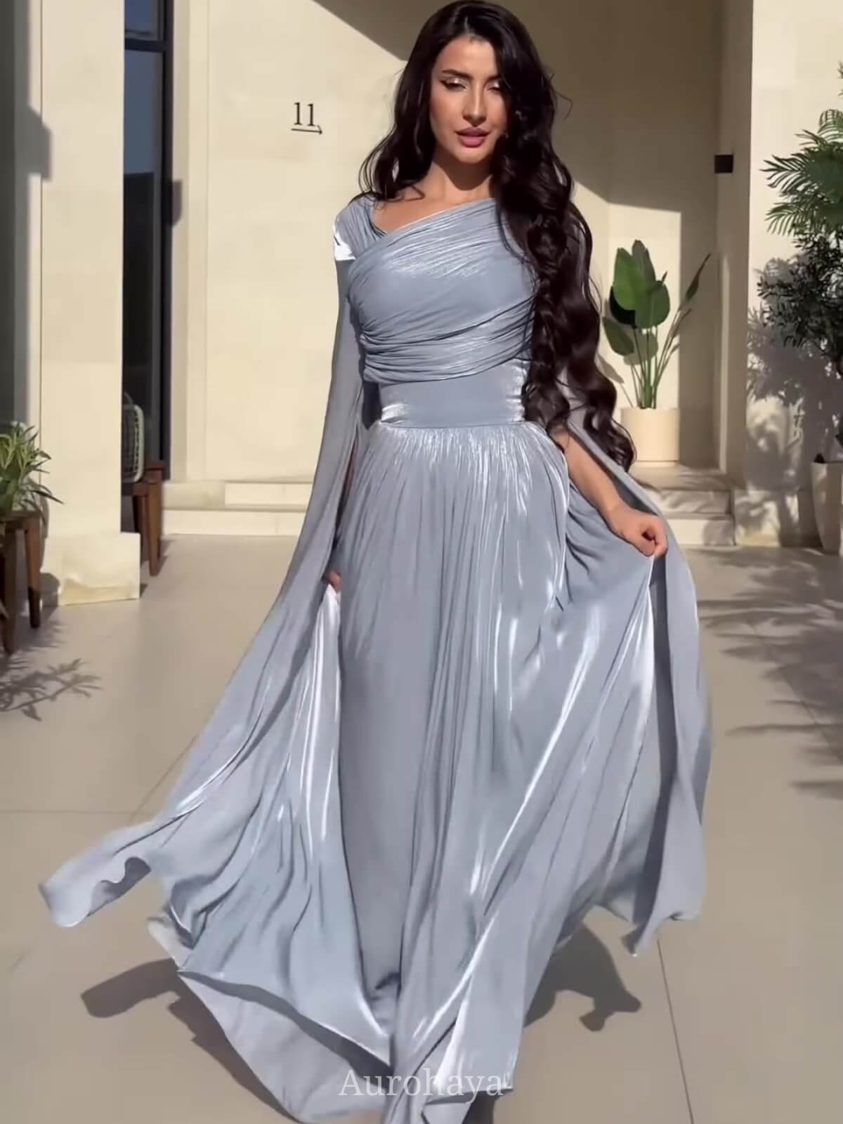 Ruched Irregular Neck Slit Long Sleeve Maxi Dress