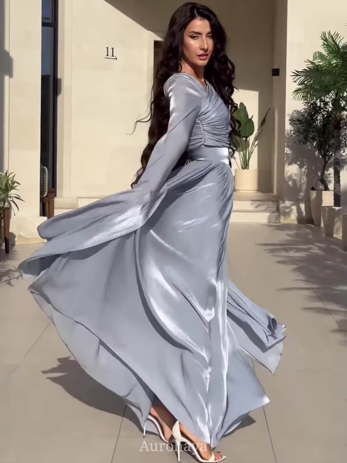 Ruched Irregular Neck Slit Long Sleeve Maxi Dress
