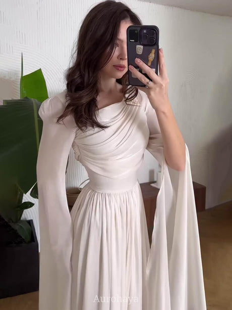 Aurohaya Ruched Irregular Neck Slit Long Sleeve Maxi Dress