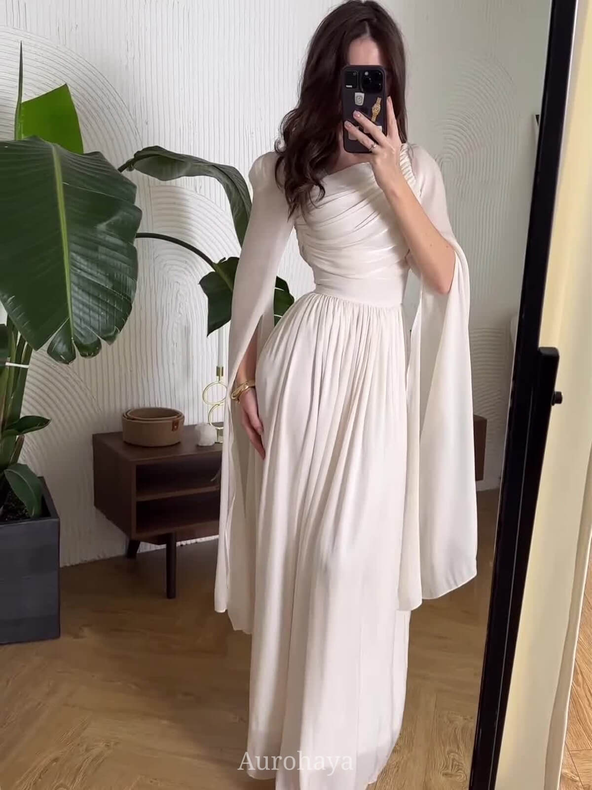 Ruched Irregular Neck Slit Long Sleeve Maxi Dress