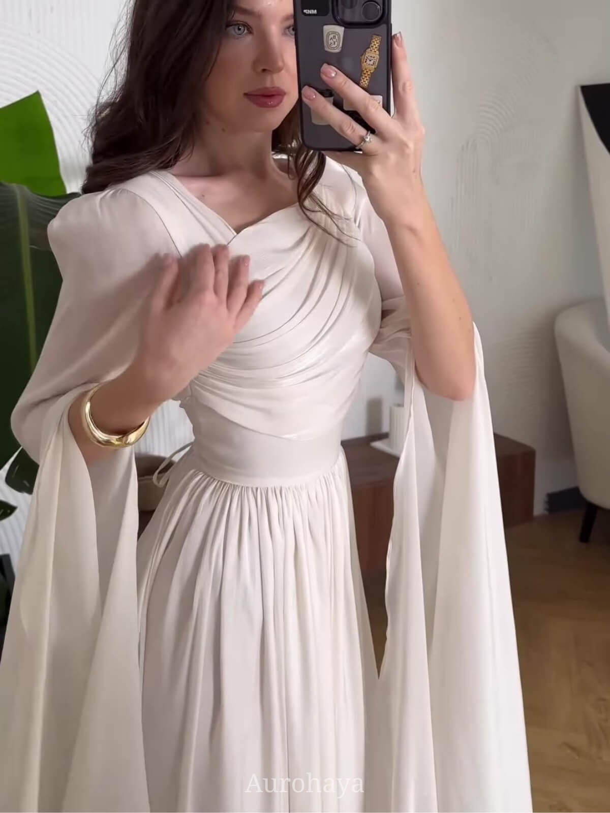 Ruched Irregular Neck Slit Long Sleeve Maxi Dress