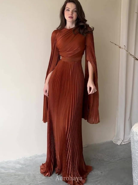 Aurohaya Split-Sleeve Waist-Cinching Pleated Maxi Dress Orange