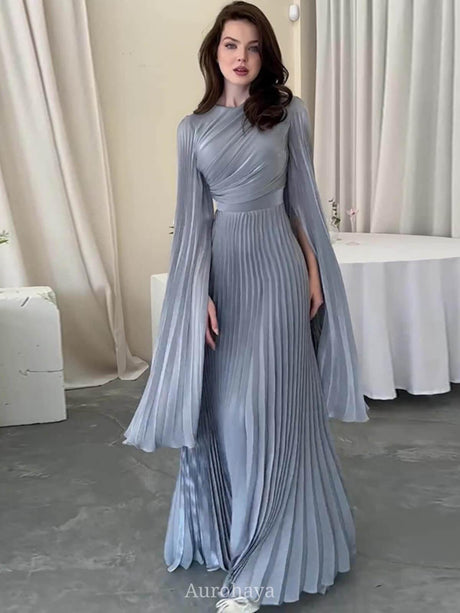 Aurohaya Split-Sleeve Waist-Cinching Pleated Maxi Dress Gray