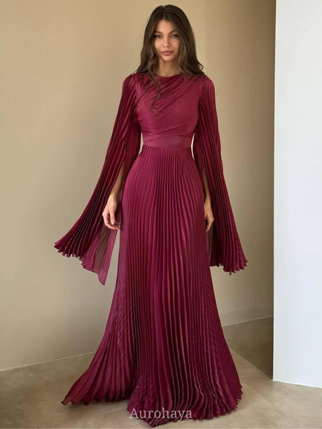 Aurohaya Split-Sleeve Waist-Cinching Pleated Maxi Dress Wine