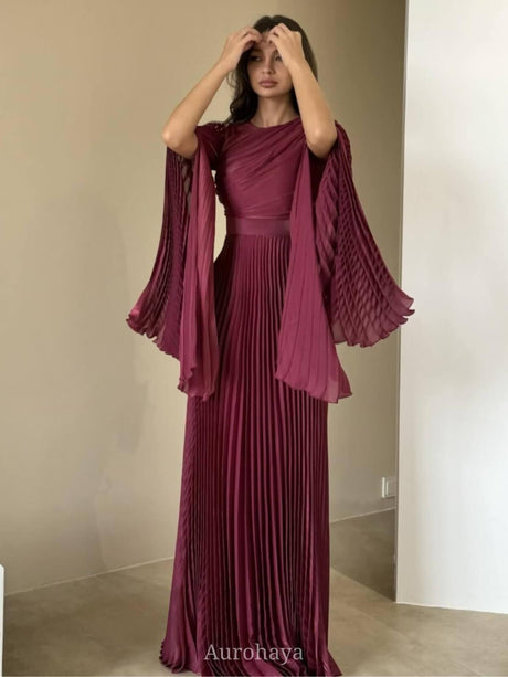 Aurohaya Split-Sleeve Waist-Cinching Pleated Maxi Dress