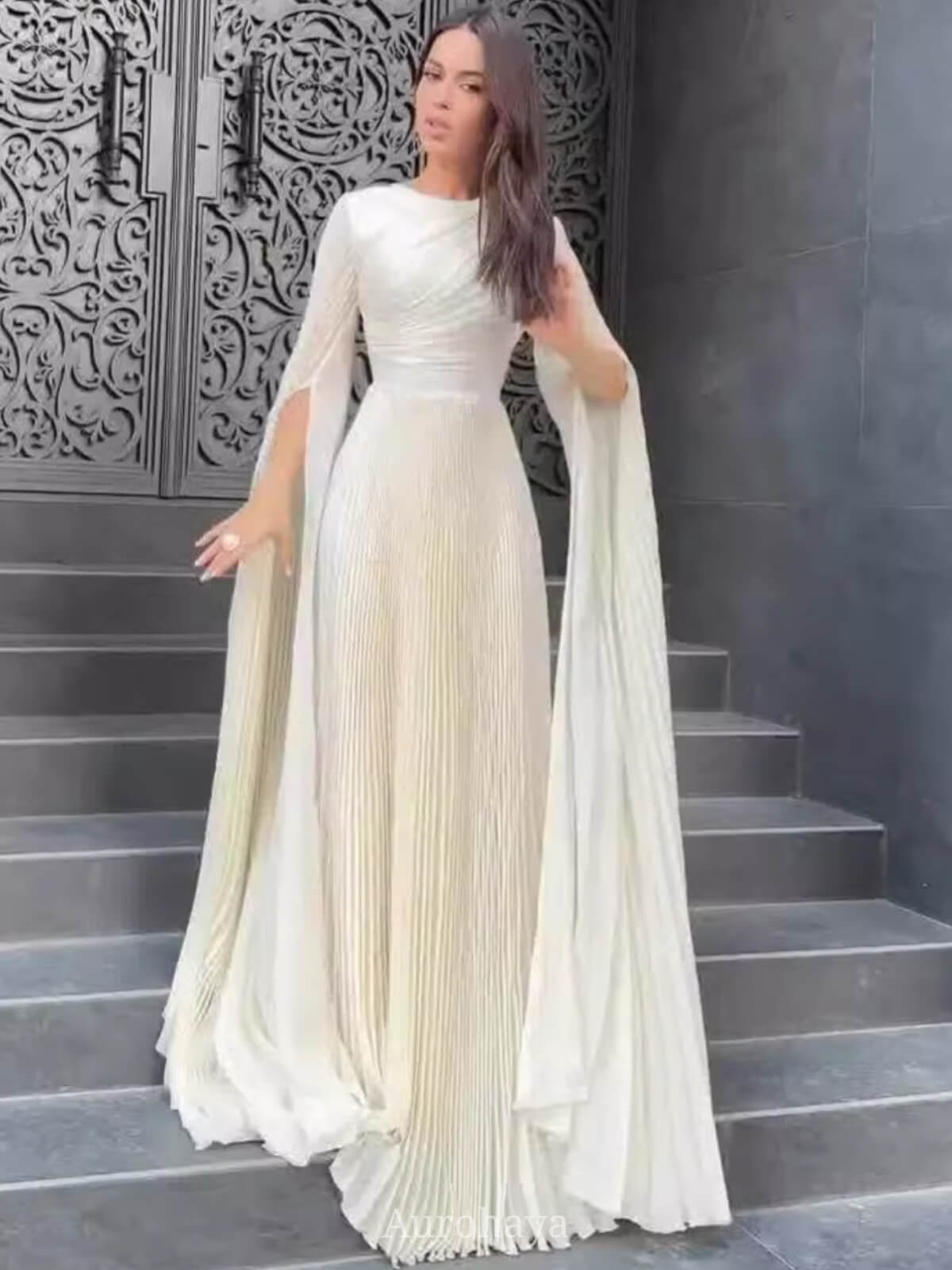 Split-Sleeve Waist-Cinching Pleated Maxi Dress