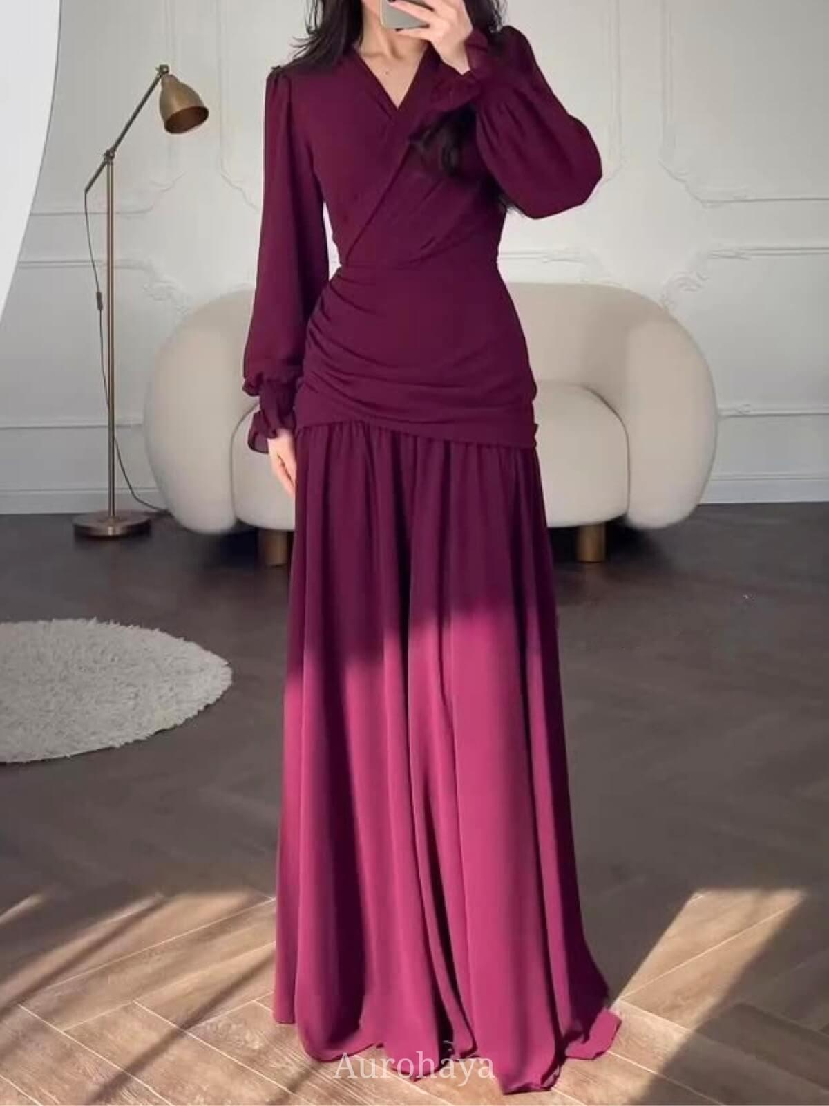 Aurohaya Chiffon Long Sleeve V-Neck Wrap Ruched Waist Maxi Dress Wine