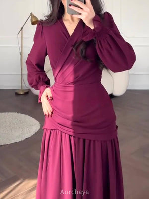 Aurohaya Chiffon Long Sleeve V-Neck Wrap Ruched Waist Maxi Dress