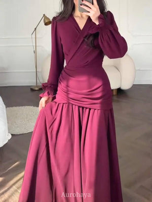 Aurohaya Chiffon Long Sleeve V-Neck Wrap Ruched Waist Maxi Dress