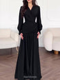 Aurohaya Chiffon Long Sleeve V-Neck Wrap Ruched Waist Maxi Dress Black