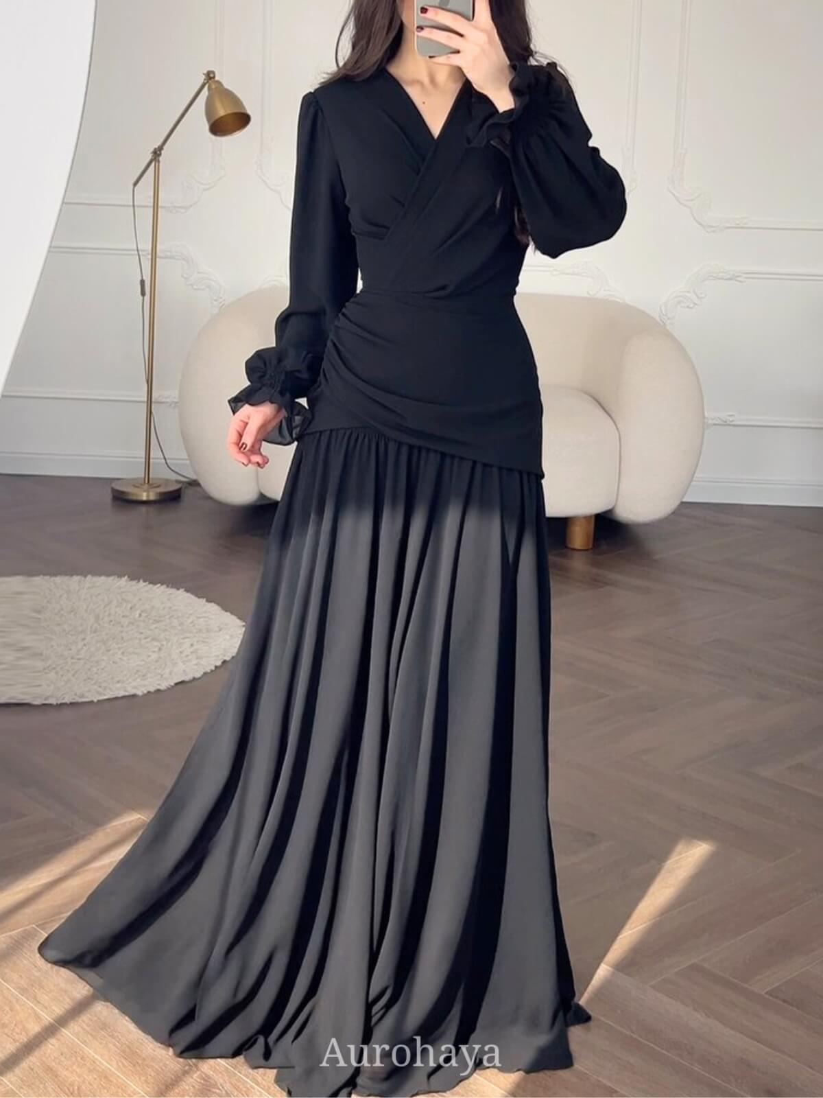 Aurohaya Chiffon Long Sleeve V-Neck Wrap Ruched Waist Maxi Dress