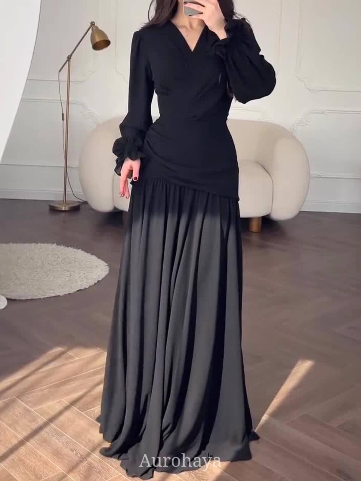 Aurohaya Chiffon Long Sleeve V-Neck Wrap Ruched Waist Maxi Dress