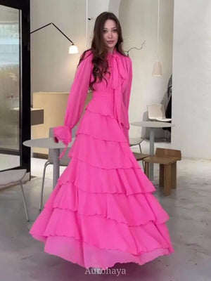 Aurohaya Chiffon Tie-Neck Long-Sleeve Ruffle Maxi Dress