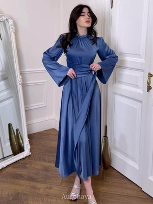 Aurohaya Satin Tie Waist Long Sleeve Midi Dress Blue