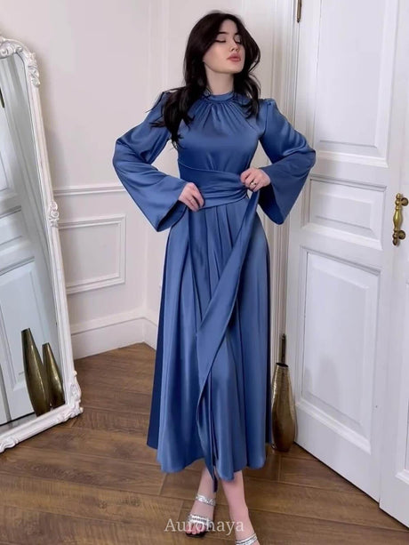 Aurohaya Satin Tie Waist Long Sleeve Midi Dress Blue