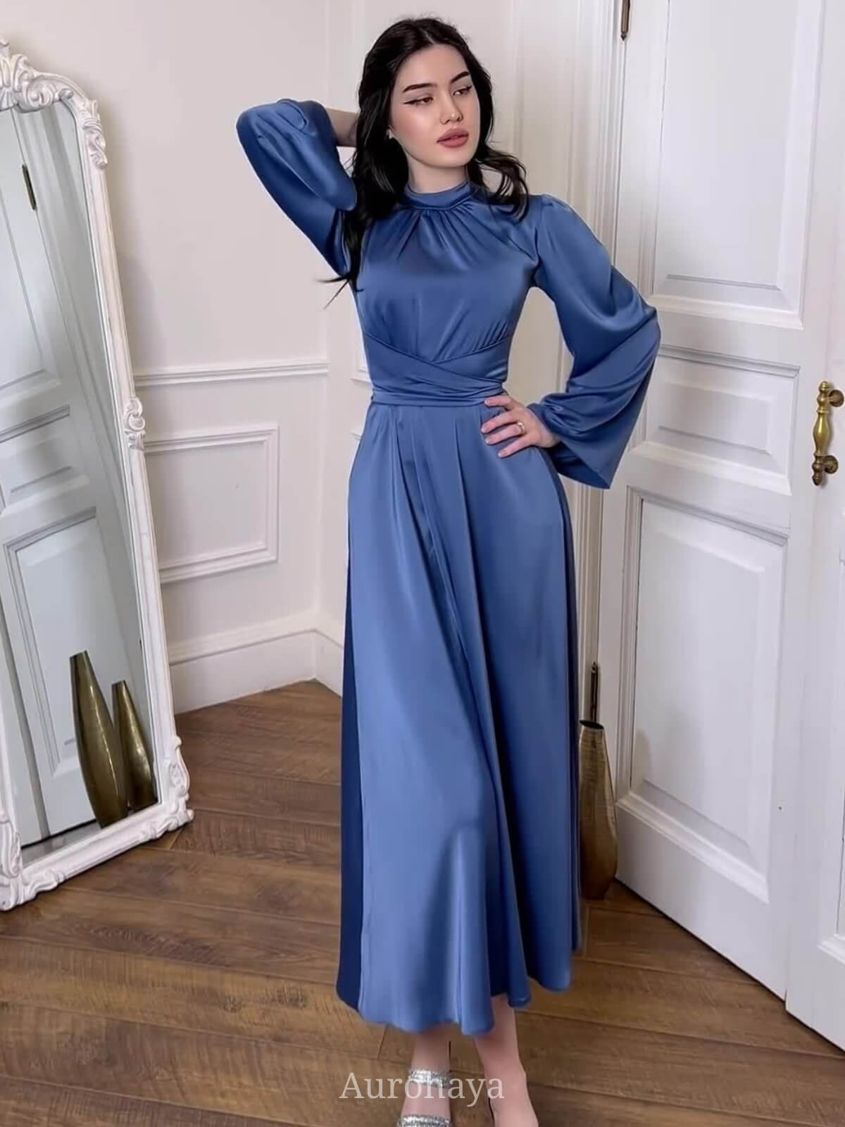Satin Tie Waist Long Sleeve Midi Dress