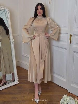Aurohaya Satin Tie Waist Long Sleeve Midi Dress