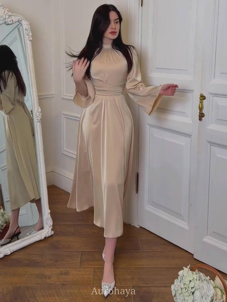 Aurohaya Satin Tie Waist Long Sleeve Midi Dress