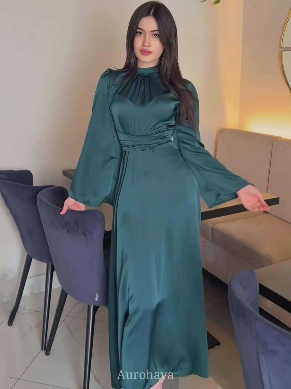 Aurohaya Satin Tie Waist Long Sleeve Midi Dress Green