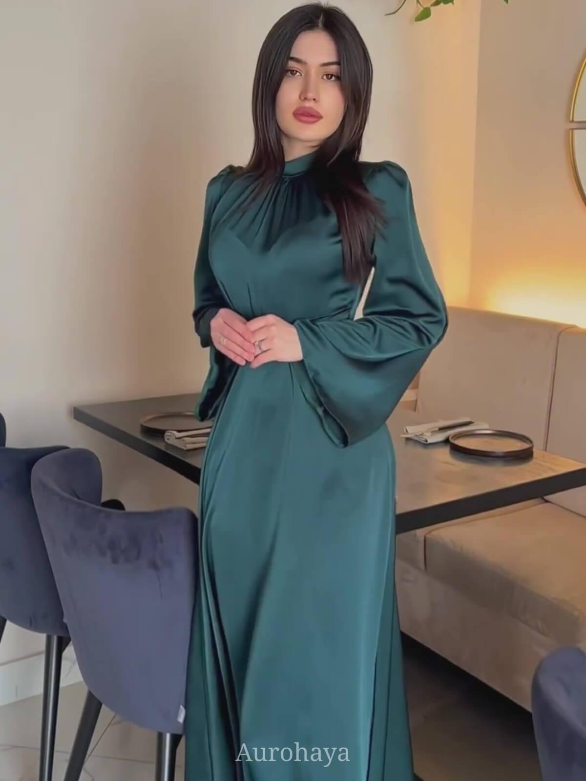 Aurohaya Satin Tie Waist Long Sleeve Midi Dress