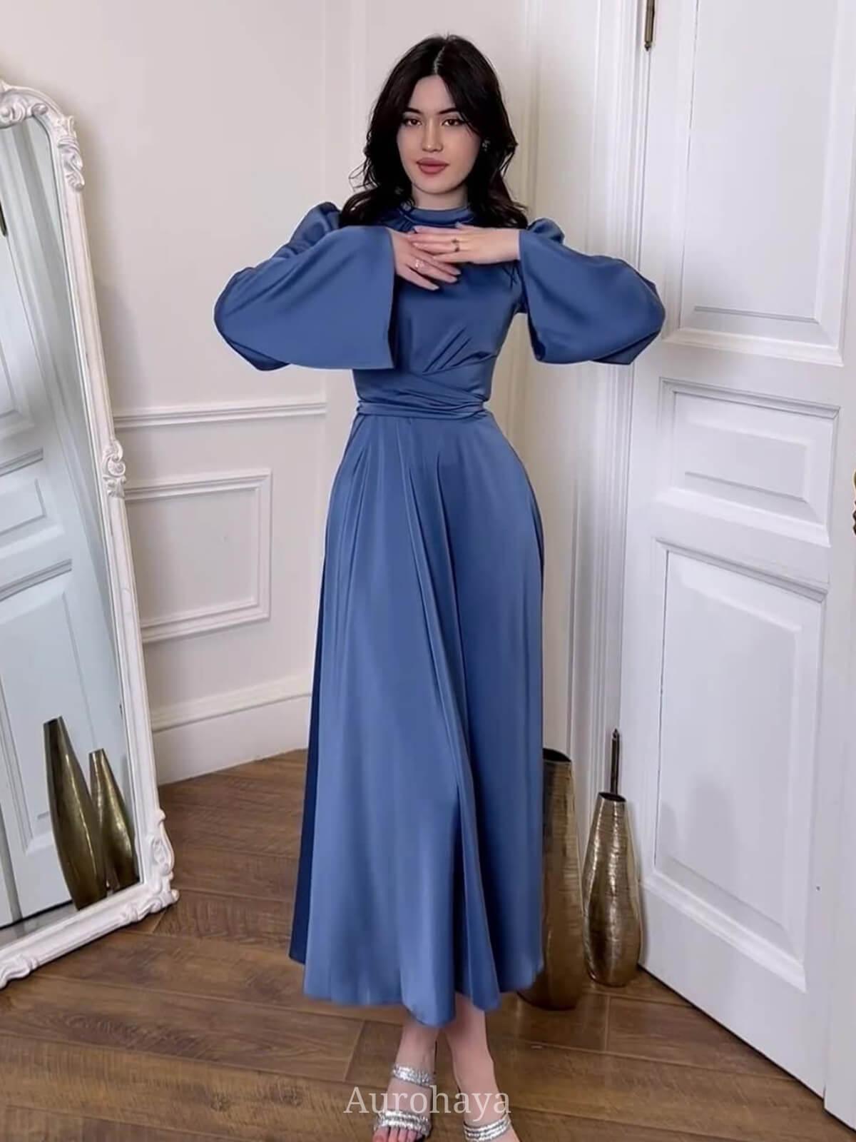 Aurohaya Satin Tie Waist Long Sleeve Midi Dress