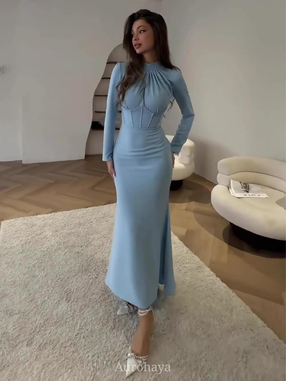 Aurohaya Satin Long Sleeve Ruched Tie-Waist Maxi Dress Blue