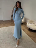 Satin Long Sleeve Ruched Tie-Waist Maxi Dress