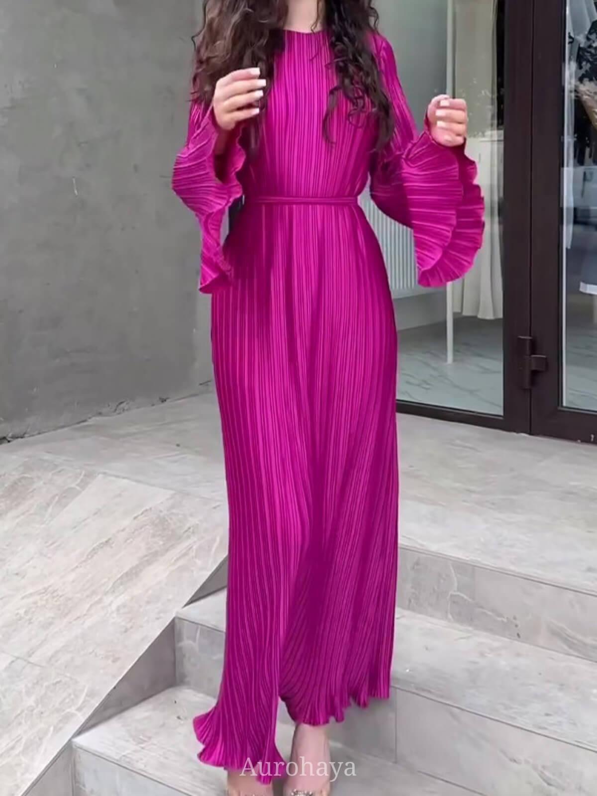 Aurohaya Pleated Bell Cuffs Bell Cuffs Maxi Dress Purple