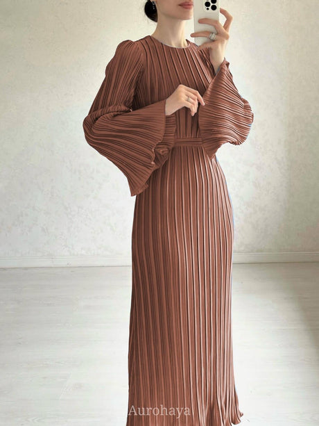 Aurohaya Pleated Bell Cuffs Bell Cuffs Maxi Dress Coral