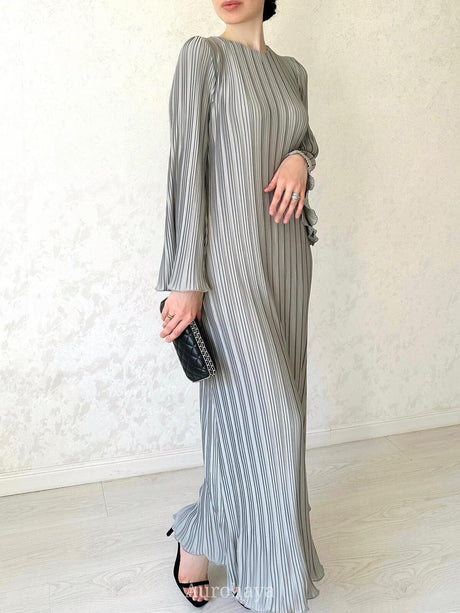Aurohaya Pleated Bell Cuffs Bell Cuffs Maxi Dress Gray
