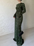 Satin Floral Round Neck Long Sleeve A-line Maxi Dress