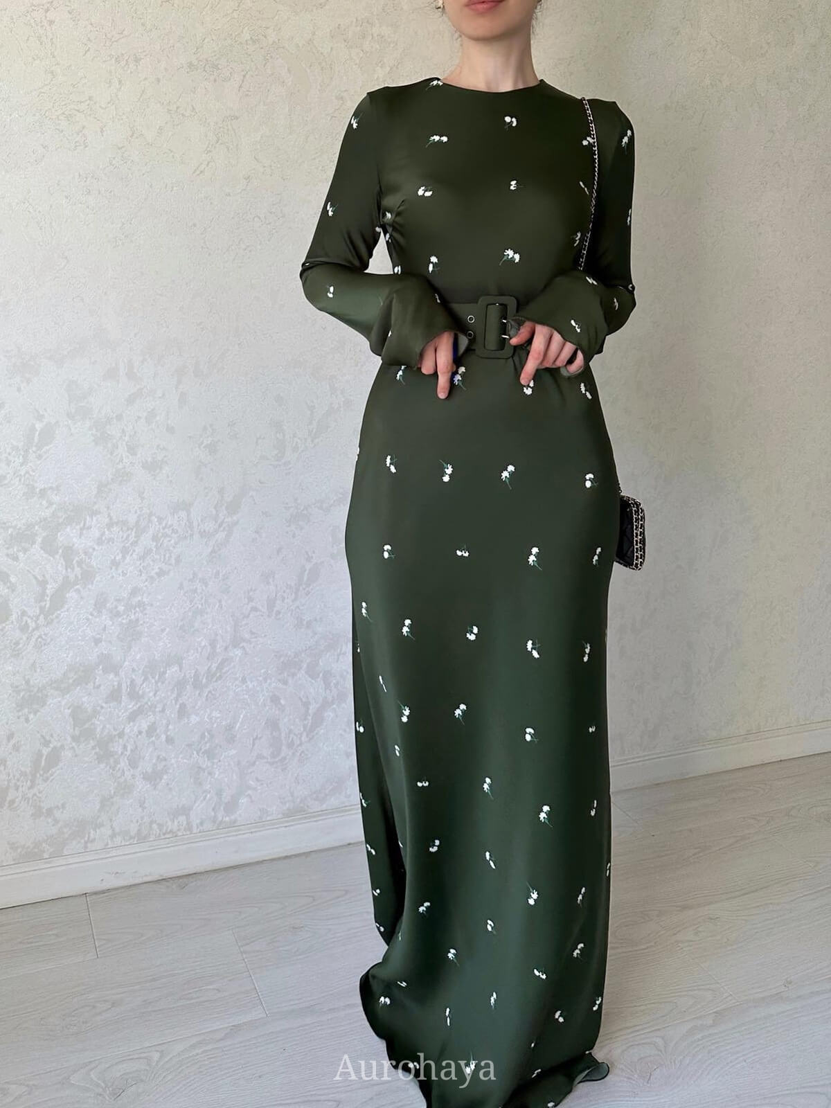 Satin Floral Round Neck Long Sleeve A-line Maxi Dress