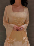 Square Neck Ruffle Long Sleeve Waist-Cinched Maxi Dress