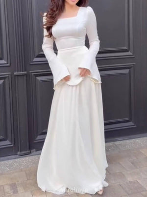 Aurohaya Satin-Chiffon Square Neck Long Sleeve Pearl Cuffs Maxi Dress White