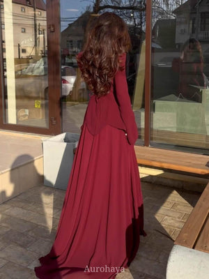 Aurohaya Satin-Chiffon Square Neck Long Sleeve Pearl Cuffs Maxi Dress