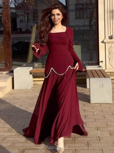 Aurohaya Satin-Chiffon Square Neck Long Sleeve Pearl Cuffs Maxi Dress Wine
